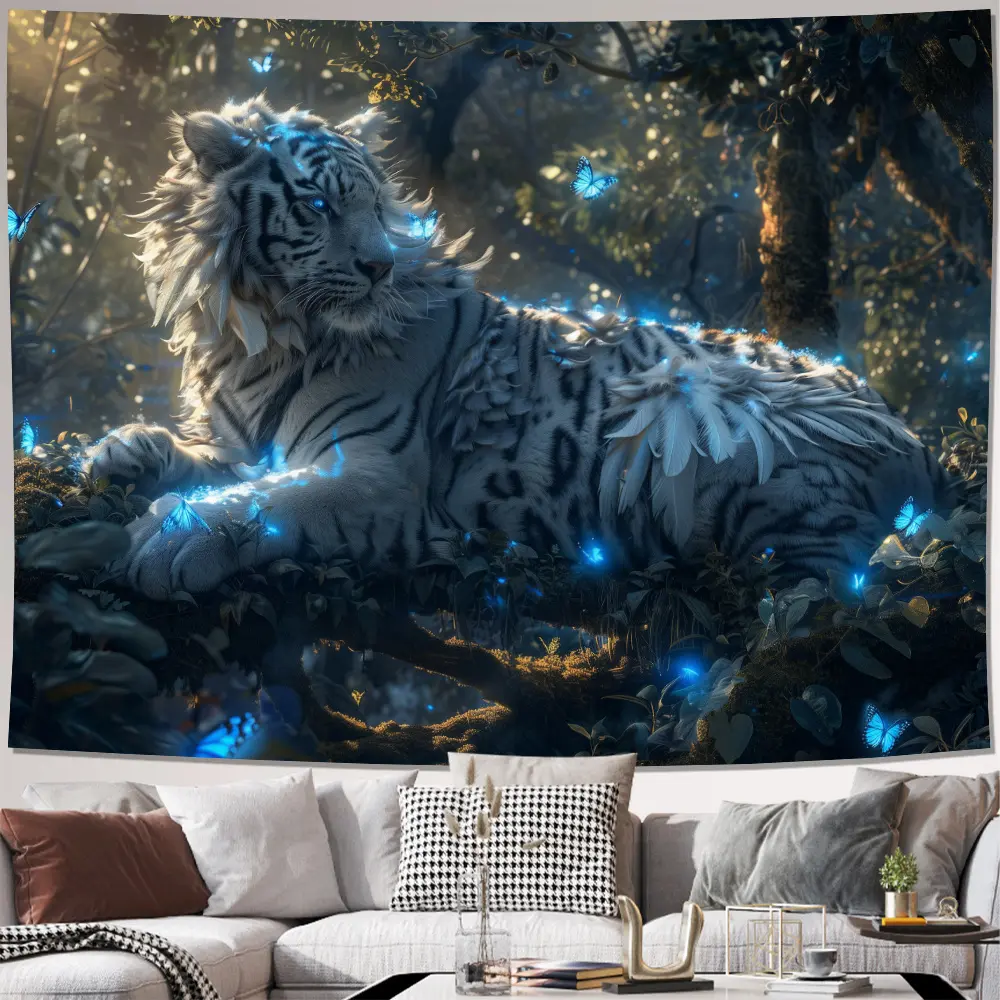 Majestic White Tiger Wall Decor - Satin Polyester, Horizontal Orientation for Living Room, Bedroom, Office & Party Decoration - Includes Easy Install Kit