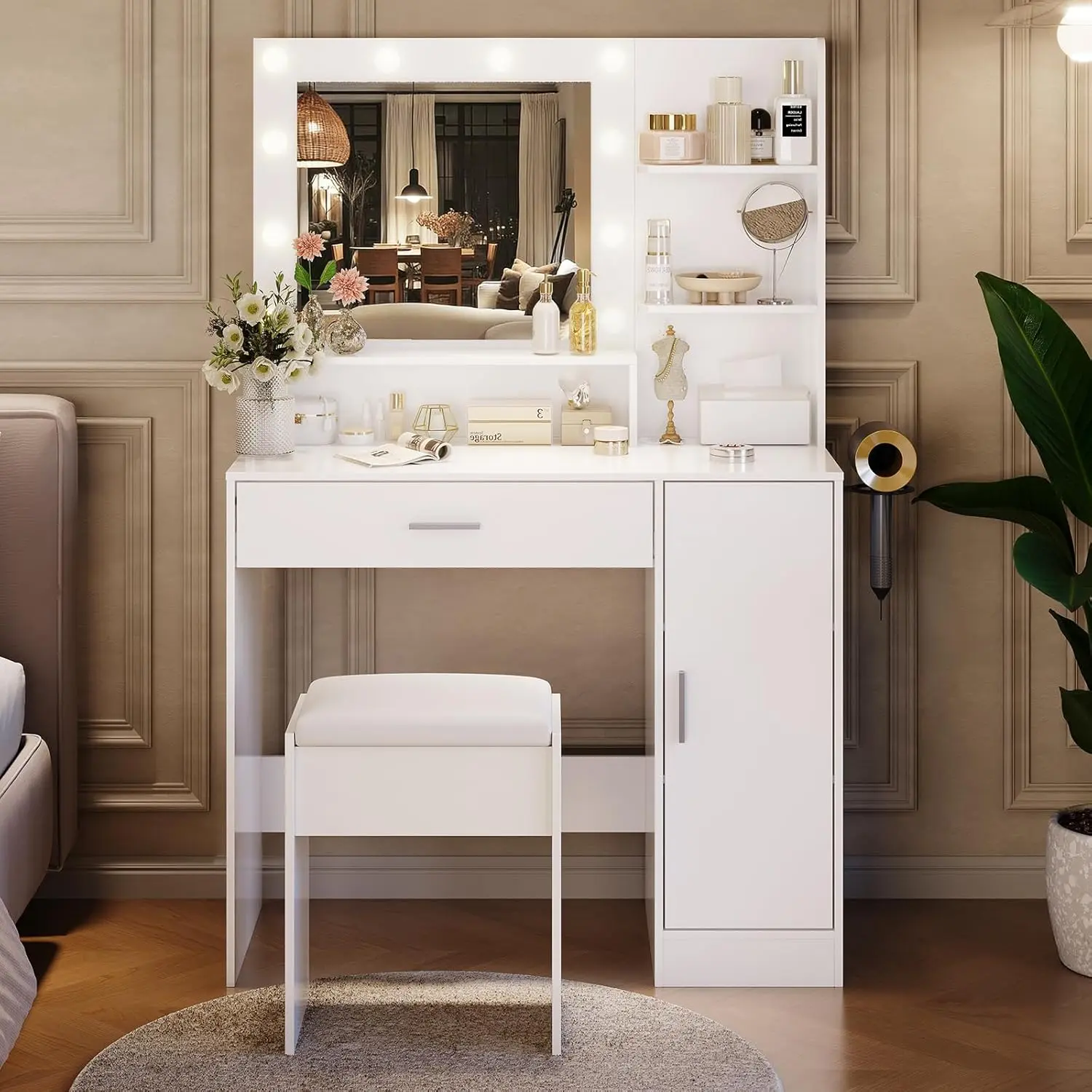 Makeup Vanity Desk with HD Mirror & 10 LED Bulbs, Dressing Table with Charging Station, Adjustable 3 Lighting Modes, Hairdryer Rack & Cushion Stool, Modern Bedroom Vanity Set, White