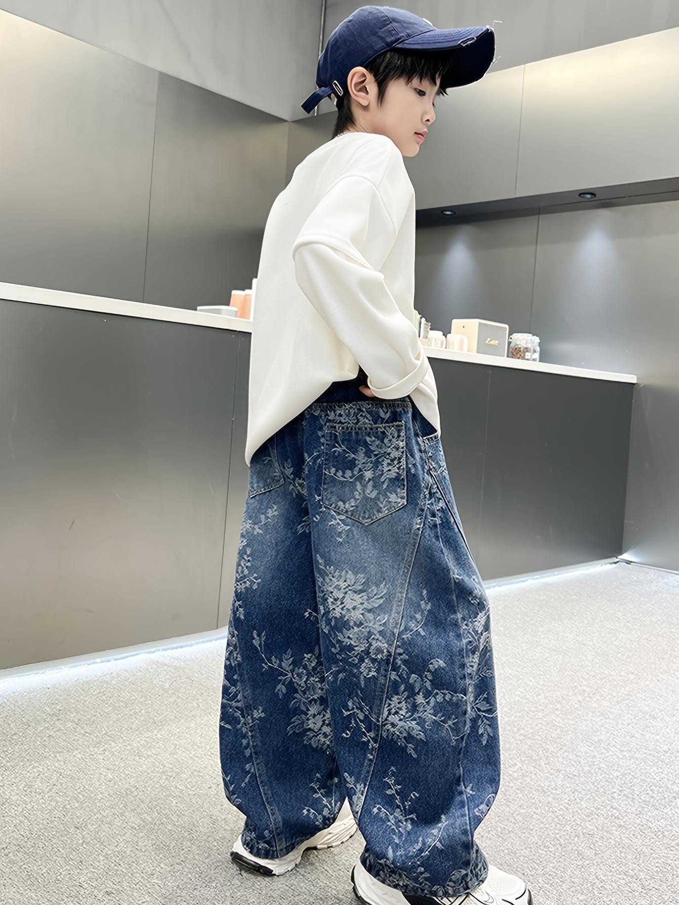 NewBack-to-School Season Valentine's Day Fashion Trend Boys' Pants 2026 New Jacquard Simple Versatile Loose Wide-Leg Stylish Boys' Jeans