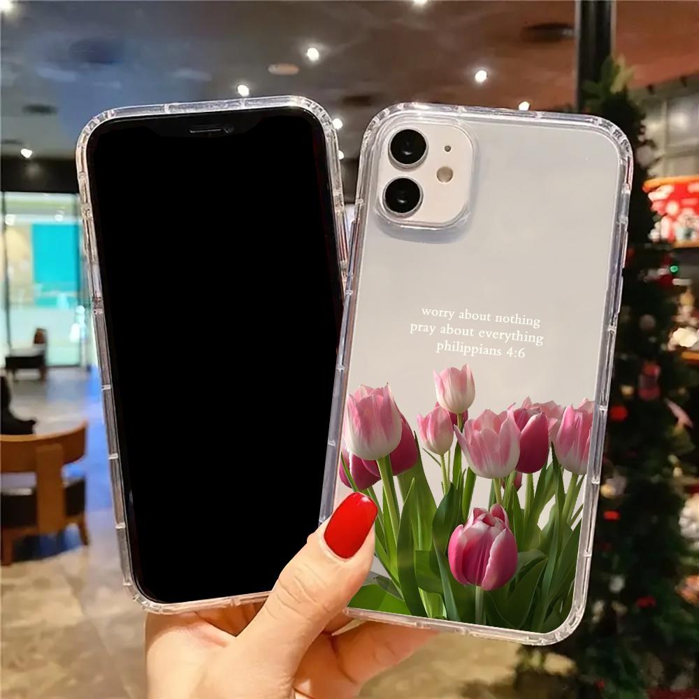 Pink tulip Philippians 4:6 Christian aesthetic pattern, anti-drop, non-slip TPU large hole lens transparent mobile phone protective case, suitable for iPhone 17 16 15 14 13 12 11 XS X and other series models, holiday gifts for friends or family