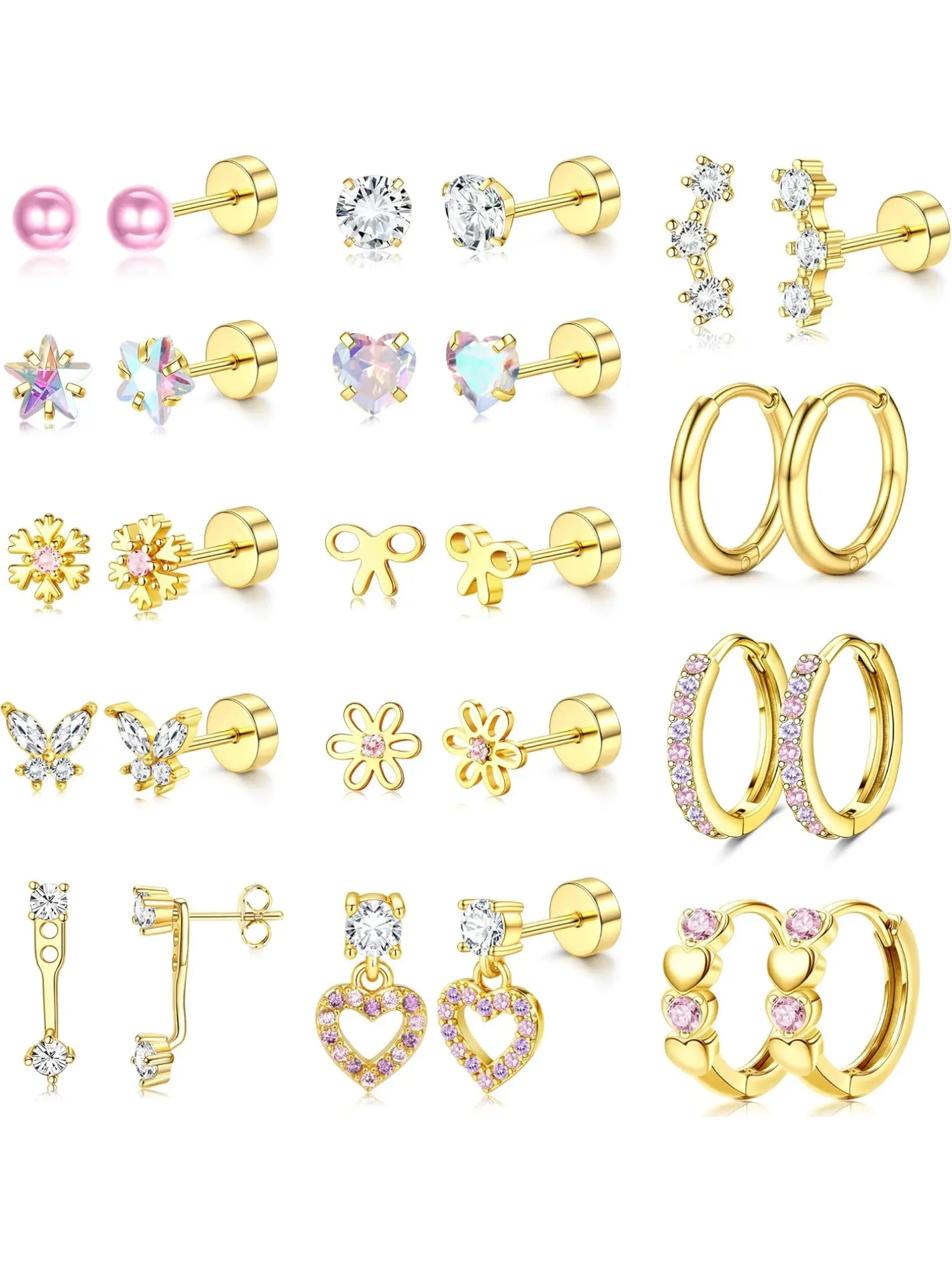 14 Pairs Stainless Steel Flat Back Earrings for Women Girls 14k Gold Plated Surgical Earrings Pink CZ Flatback Studs Earrings Set Hoops Earrings for Cartilage Piercing Helix Piercing Jewelry Hypoallergenic