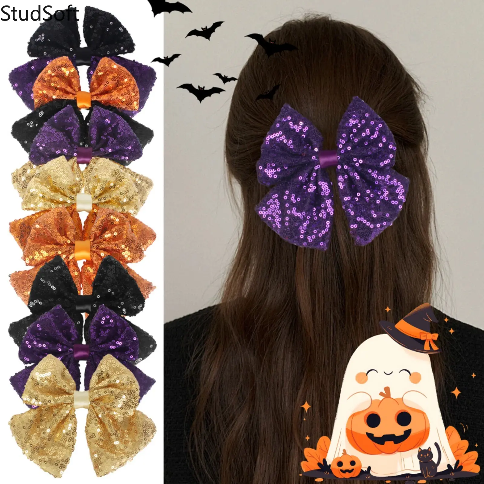 Large Sequin Cheer Bows for Girls, 8-Pack Halloween Themed Hair Accessories with Alligator Clip, Party Favors,back to school,back to school haul