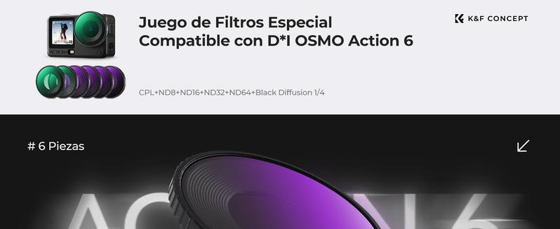 K&F CONCEPT Kit of 6 HD Filters Compatible with dji Osmo Action 6, CPL Filters ND8 ND16 ND32 ND64 Black Diffusion 1/4 Polarizer Light Reduction HD Optical Glass with Nano Multilayer Coating