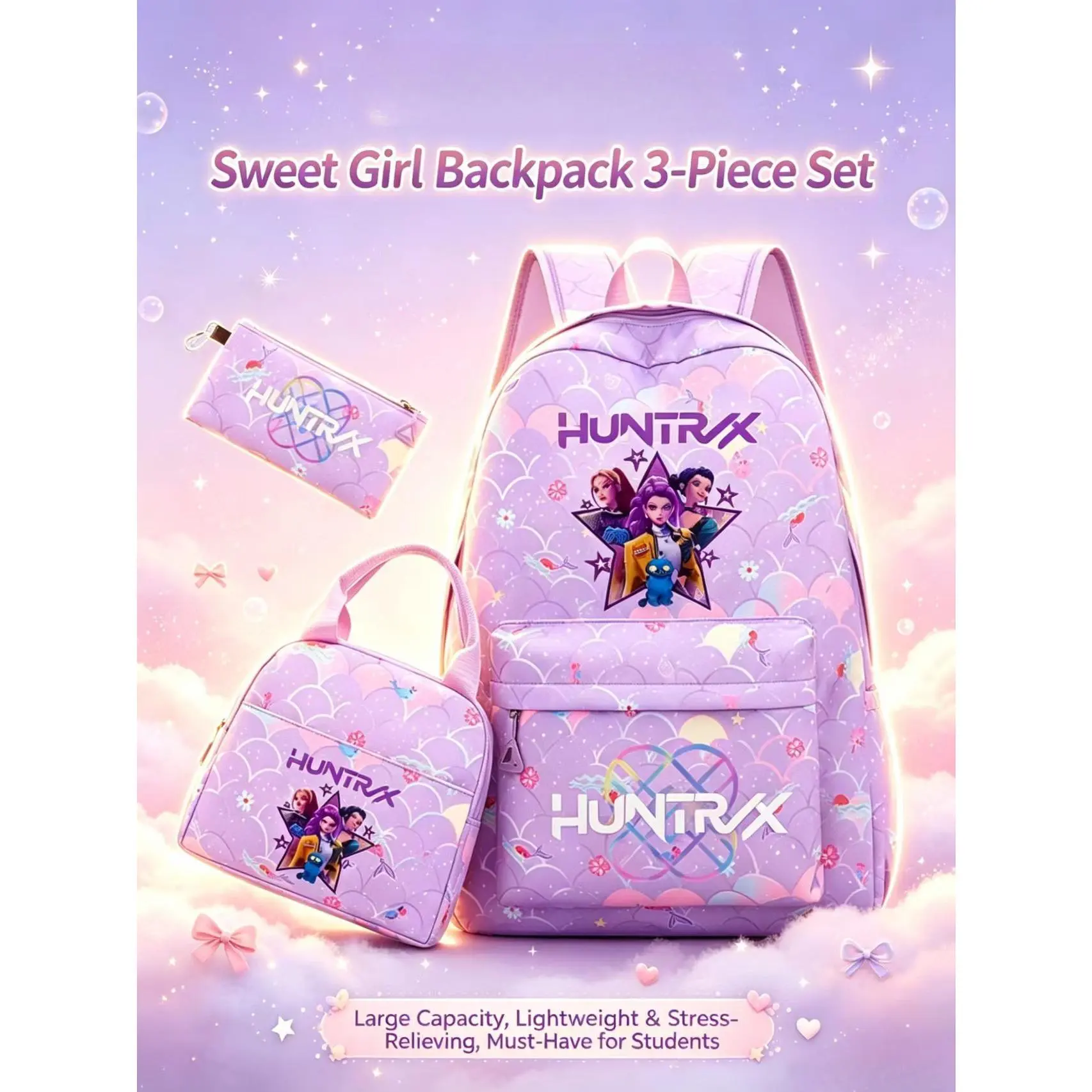 Girl Print Backpack Set, 3 in 1 Marble Purple School Bag Kit with Lunch Tote & Pencil Case, Lightweight Waterproof Bookbag, Cute Anime Character Daypack Gift for Teen Girls Students