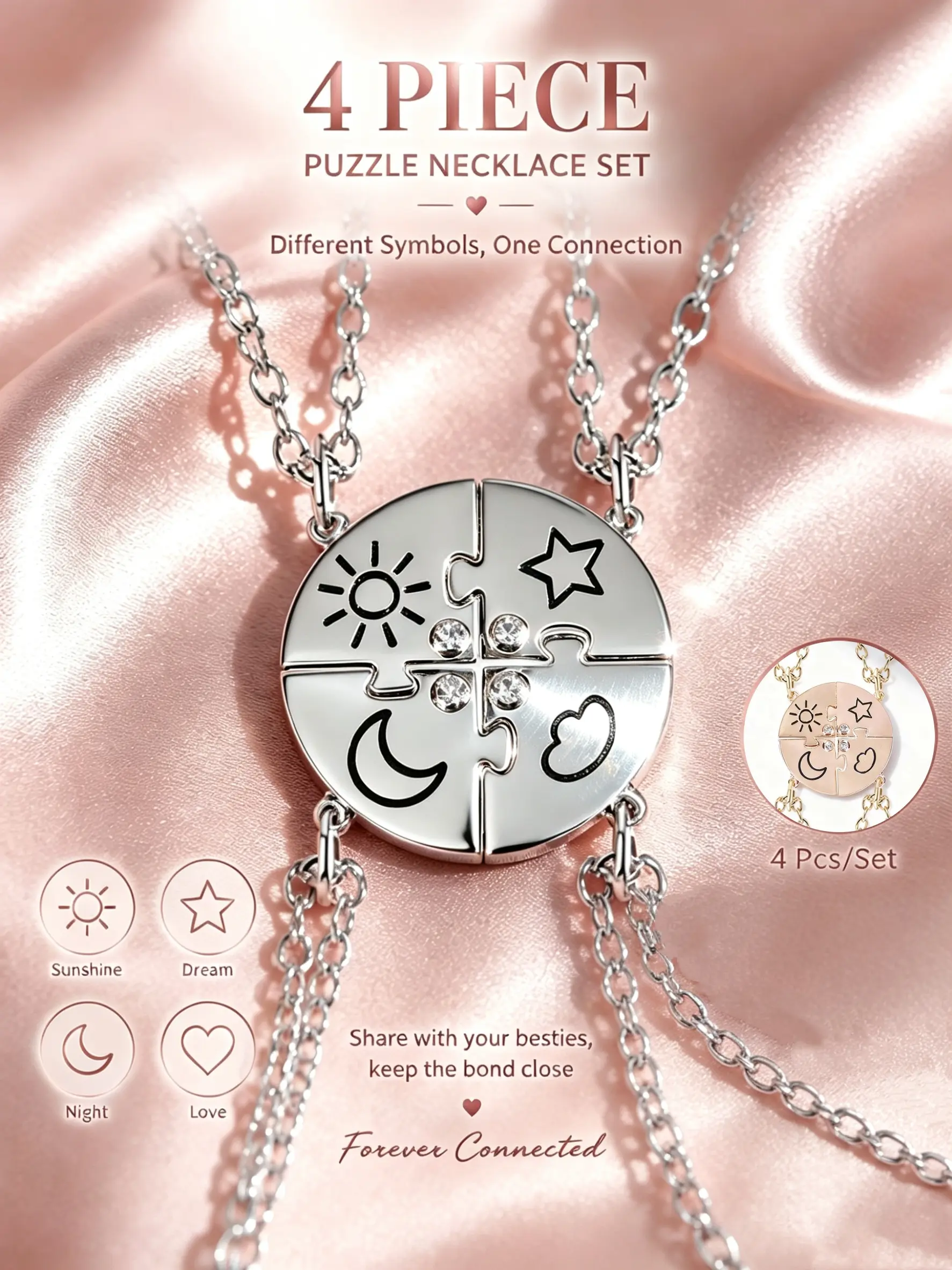 "Sun, Moon, Stars, and Clouds" 4-Piece Matching Celestial Necklace Set, Jewelry Gift, Magnetic Puzzle Friendship Necklaces, Minimalist Alloy Necklace, Family Pendant Necklace, Best Friend & Sister Jewelry, Custom-Personalized 4-Person Puzzle Gift