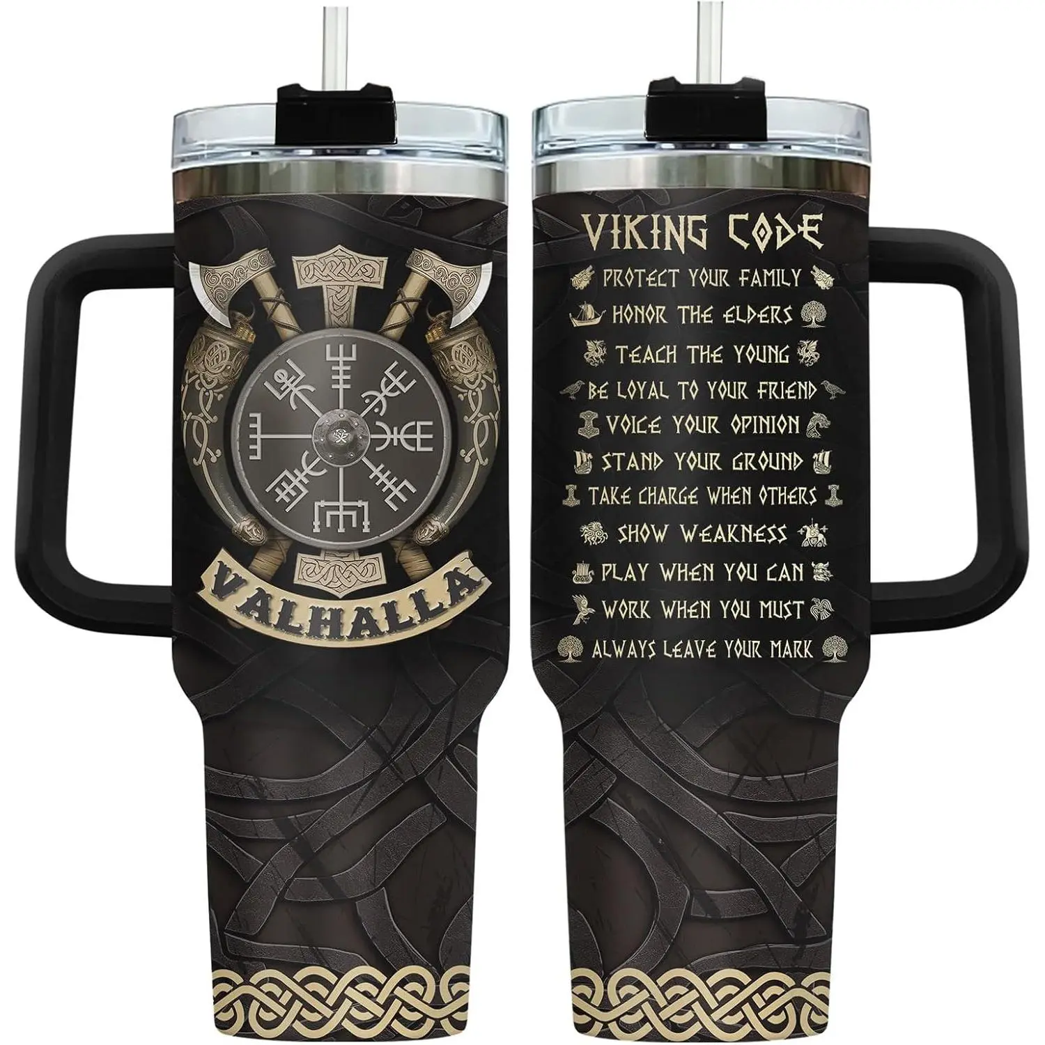Dark Nordic Viking Code Vegvisir Rune Shield Axe Vintage Graphic 40oz Handle Vacuum Cold Keep Travel Mug, Scandinavian Warrior Themed Beverage Cup, Halloween Christmas Holiday Present For Viking Fans Him Her Friends Family