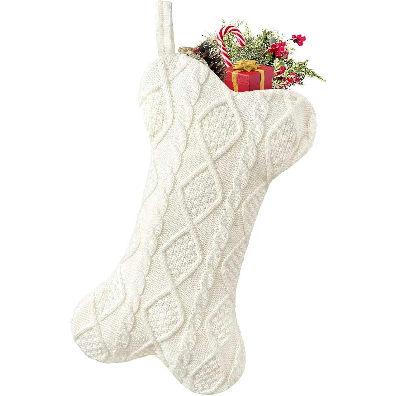 Dog Christmas Stocking, Knit White Christmas Stocking for Dogs, Bone Shape Dog Stocking Christmas Large Pet Stockings Hanging Dog Christmas Stocking for Dogs Cats Pets (White)