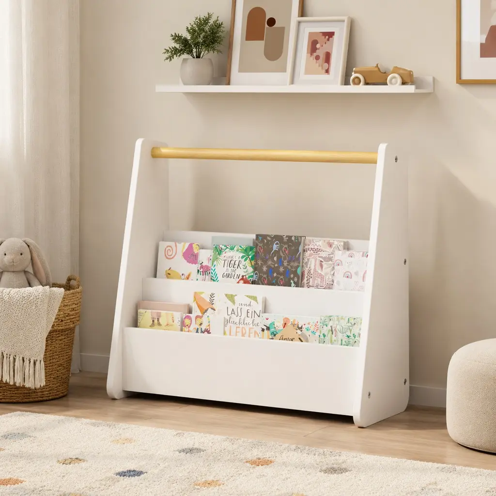 ARCH Sturdy 2-Tier Front-Facing Toddler Bookcase - Rectangular Single Box Kids Bookshelf with Wooden Handle, Clean Look MDF Storage Organizer for Bedroom, Playroom, White MDF, 15.75"H x 18.9"D x 6.69"W