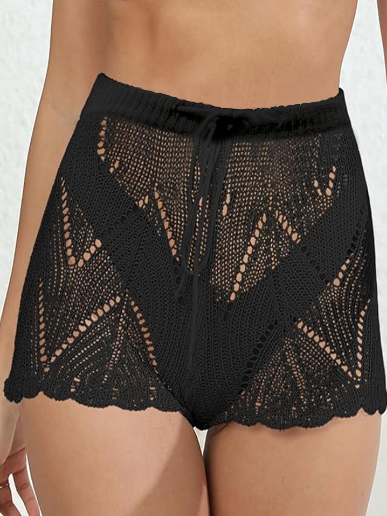 Women's Plain Hollow Out Drawstring Waist Knit Shorts, Casual Relaxed Shorts, Boho Scallop Trim Cover Up Shorts for Beach Holiday Vacation, Ladies Summer Bottoms