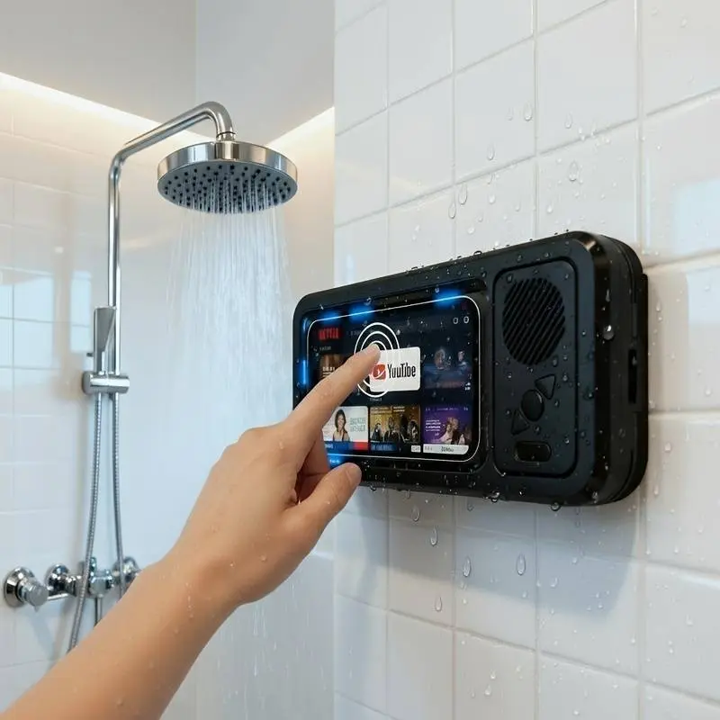 Waterproof Bathroom Phone Holder, Bluetooth-compatible Speaker Shower Stand, Touchscreen Phone Case, Shower Phone Mount with Speaker
