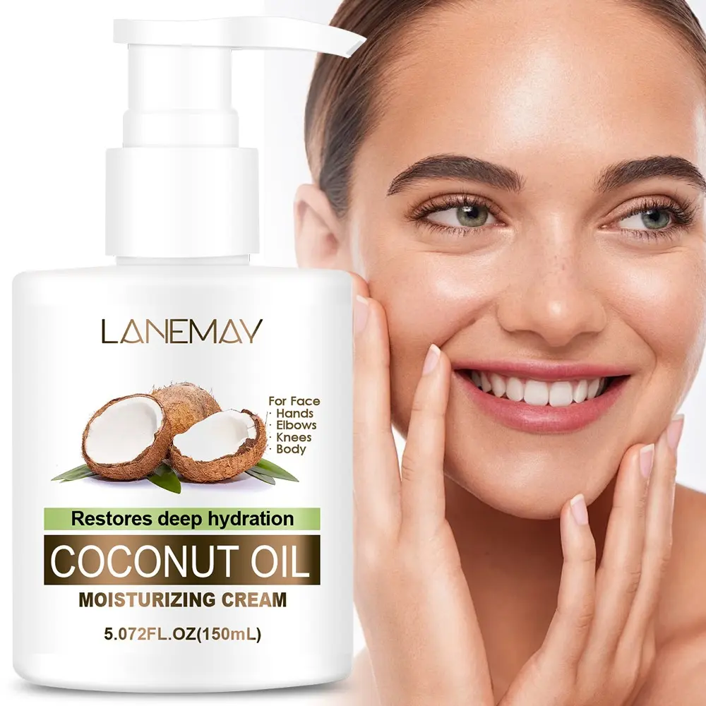 Large Capacity Coconut Oil Moisturizing Cream, Creamy Hydrating, Triple Plant Extracts, Long-Lasting Deep Hydration, Non-Greasy, 150ML, Pump Dispenser