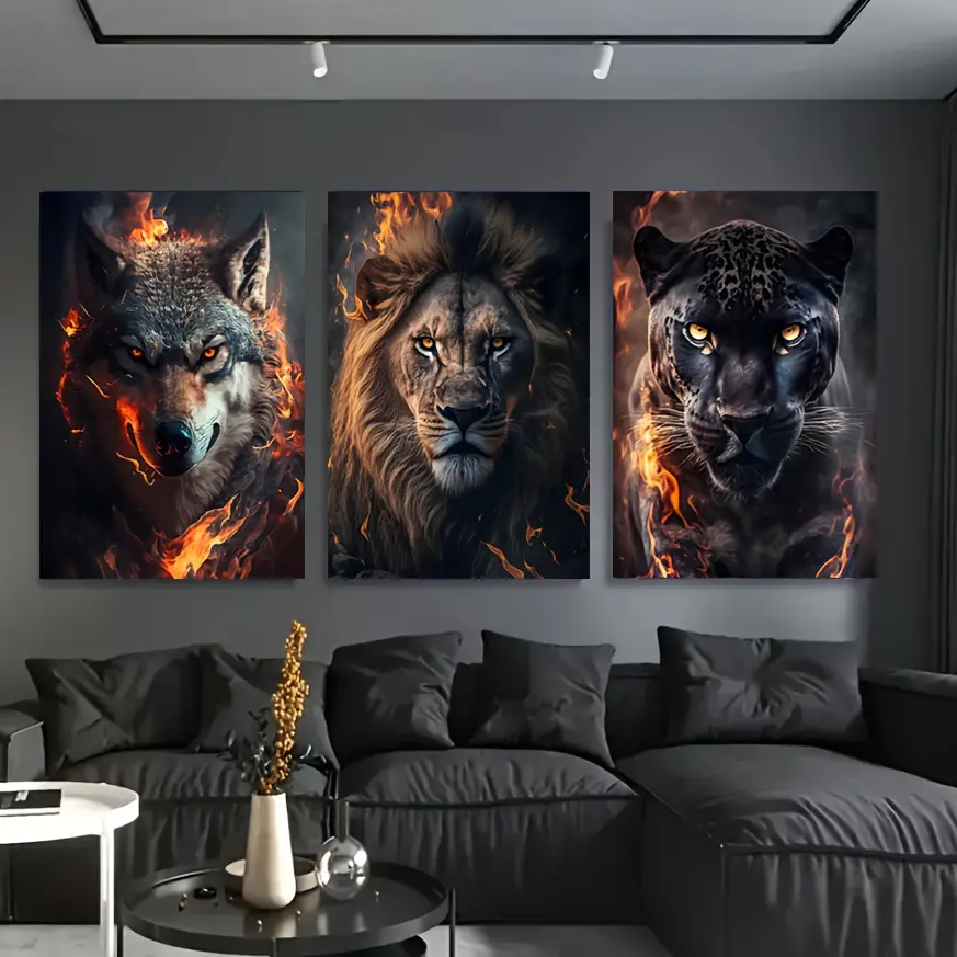 3pcs Fierce Beasts Vertical Triptych Posters Set - Wolf, Lion, Leopard 2D Flat Flame Background Prints with Wood Frame for Home Wall Decor, Wall Accent