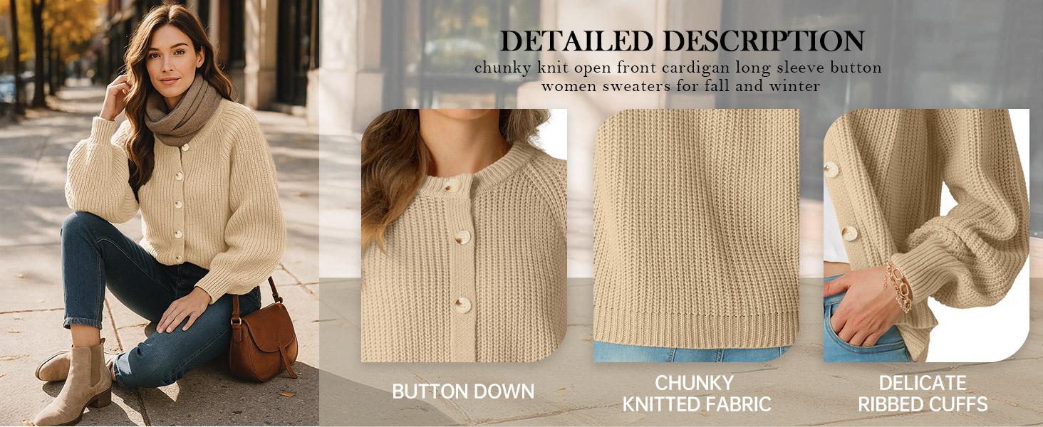 GRECERELLE Women's Chunky Open Front Sweater Long Sleeve Button Knit Short Loose Cardigan Outerwear, S-2XL