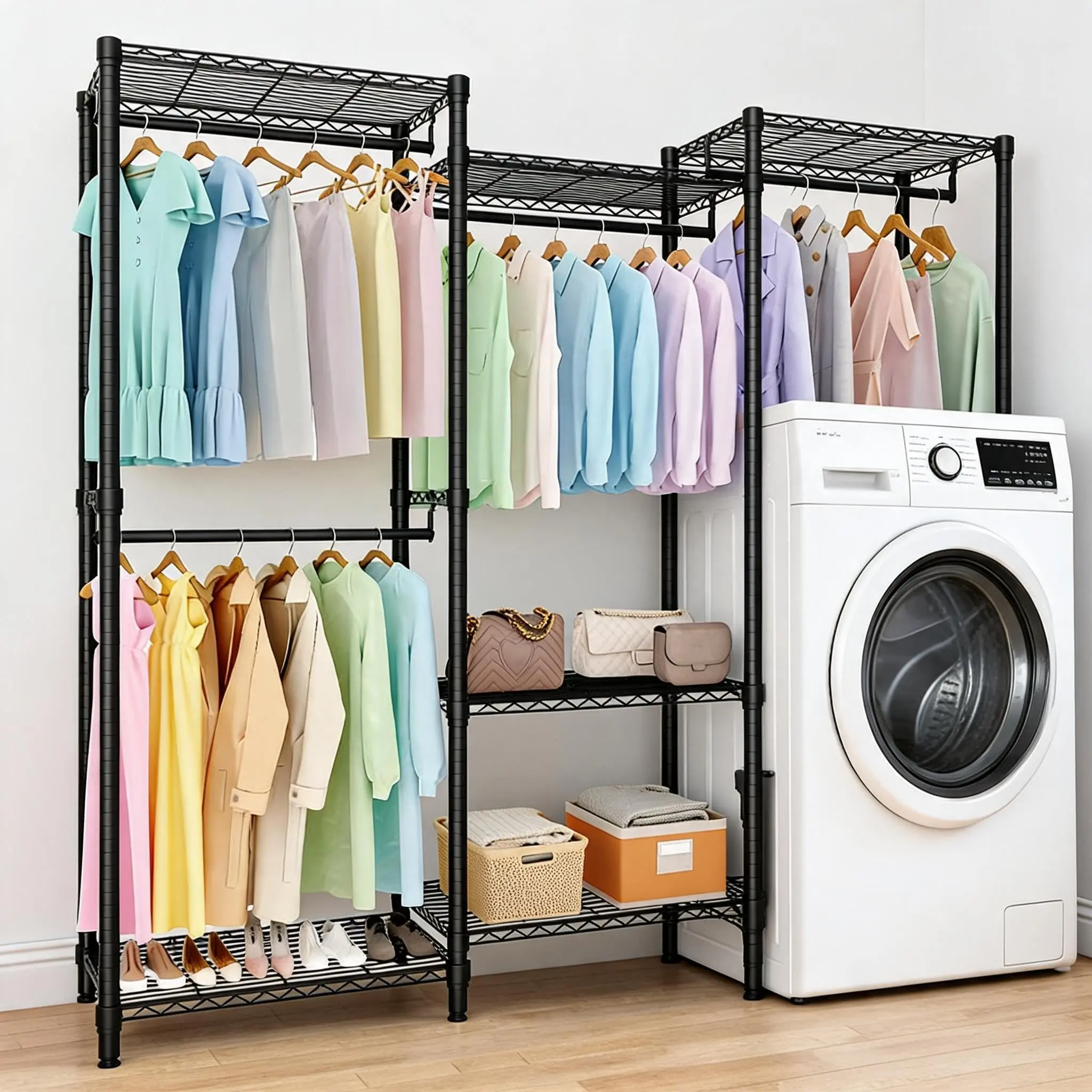 GARVEE Multi-Tier Combination Clothes Rack, Vertical Metal Clothes Hanger Stand, Adjustable Multi-Functional Clothes Organizer Rack, Space-Saving Metal Garment Rack for Bedroom Closet Laundry Room