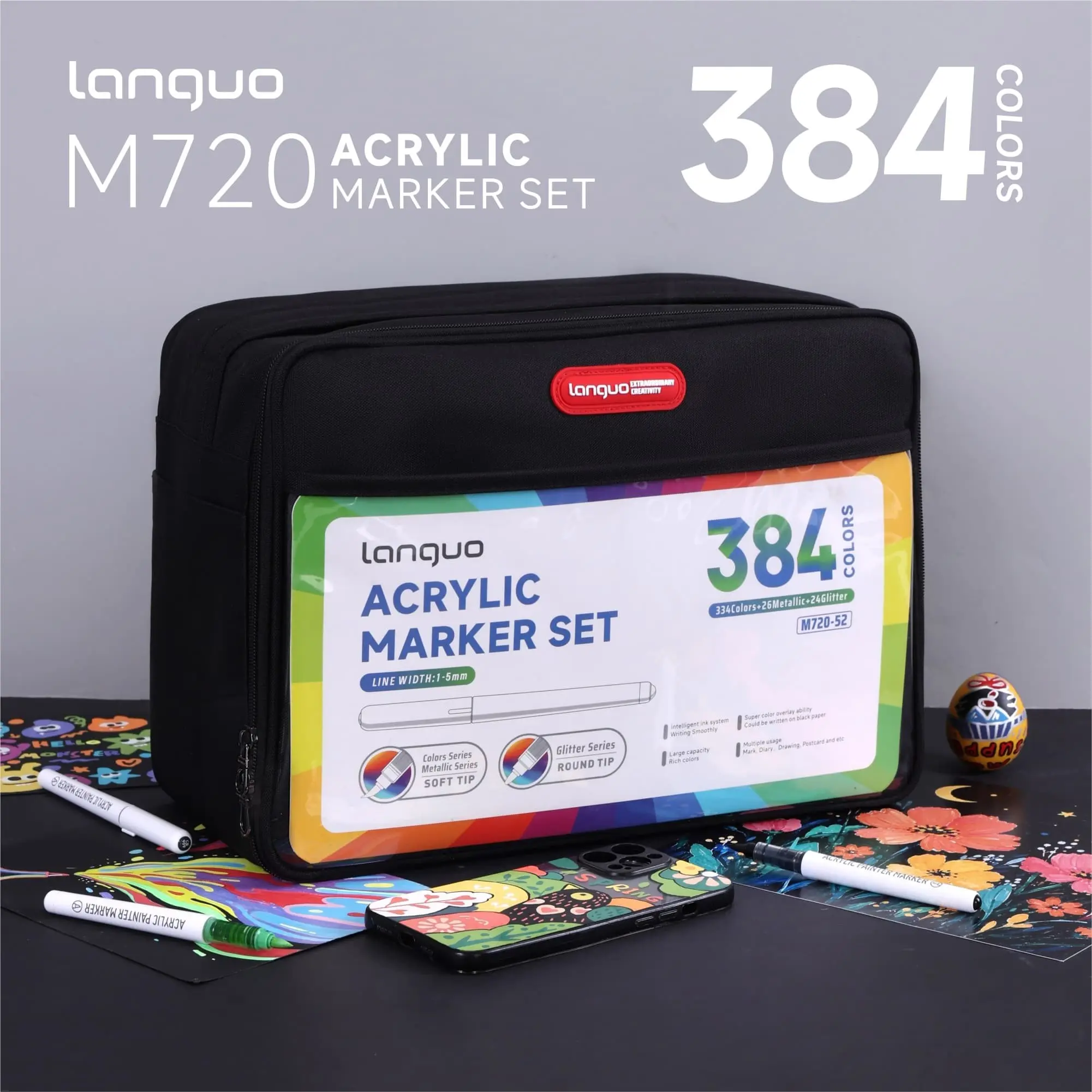 Languo 384 Colors Multifunctional Acrylic Markers Set, Soft Tip Dual Nibs, Waterproof, High Coverage, Art Supplies for Wood, Stone, Ceramics, Paper
