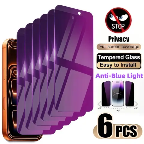 6-Pack Blue Light Blocking Privacy Tempered Glass Screen Protectors, for iPhone Models, Phone Accessory Compatible, 9h+, Anti-Scratch, Anti-Fingerprint, Bubble-Free