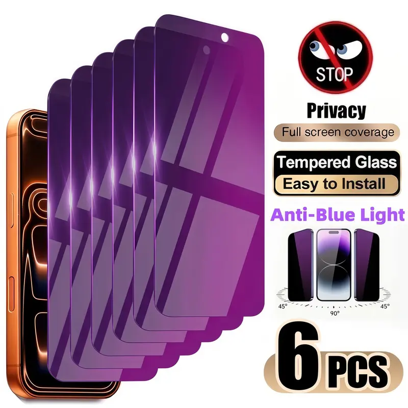 6-Pack Blue Light Blocking Privacy Tempered Glass Screen Protectors, for iPhone Models, Phone Accessory Compatible, 9h+, Anti-Scratch, Anti-Fingerprint, Bubble-Free