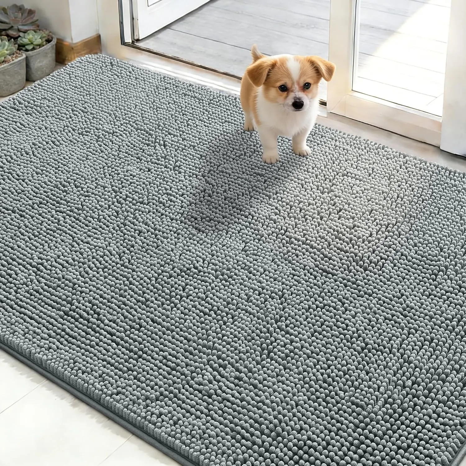 Dog Door Mat for Muddy Paws 48x30, Absorbs Moisture and Dirt, Absorbent Non-Slip Washable Doormat, Quick Dry Chenille Mud Mat for Dogs, Entry Indoor Entryway Carpet for Inside Floor, Grey