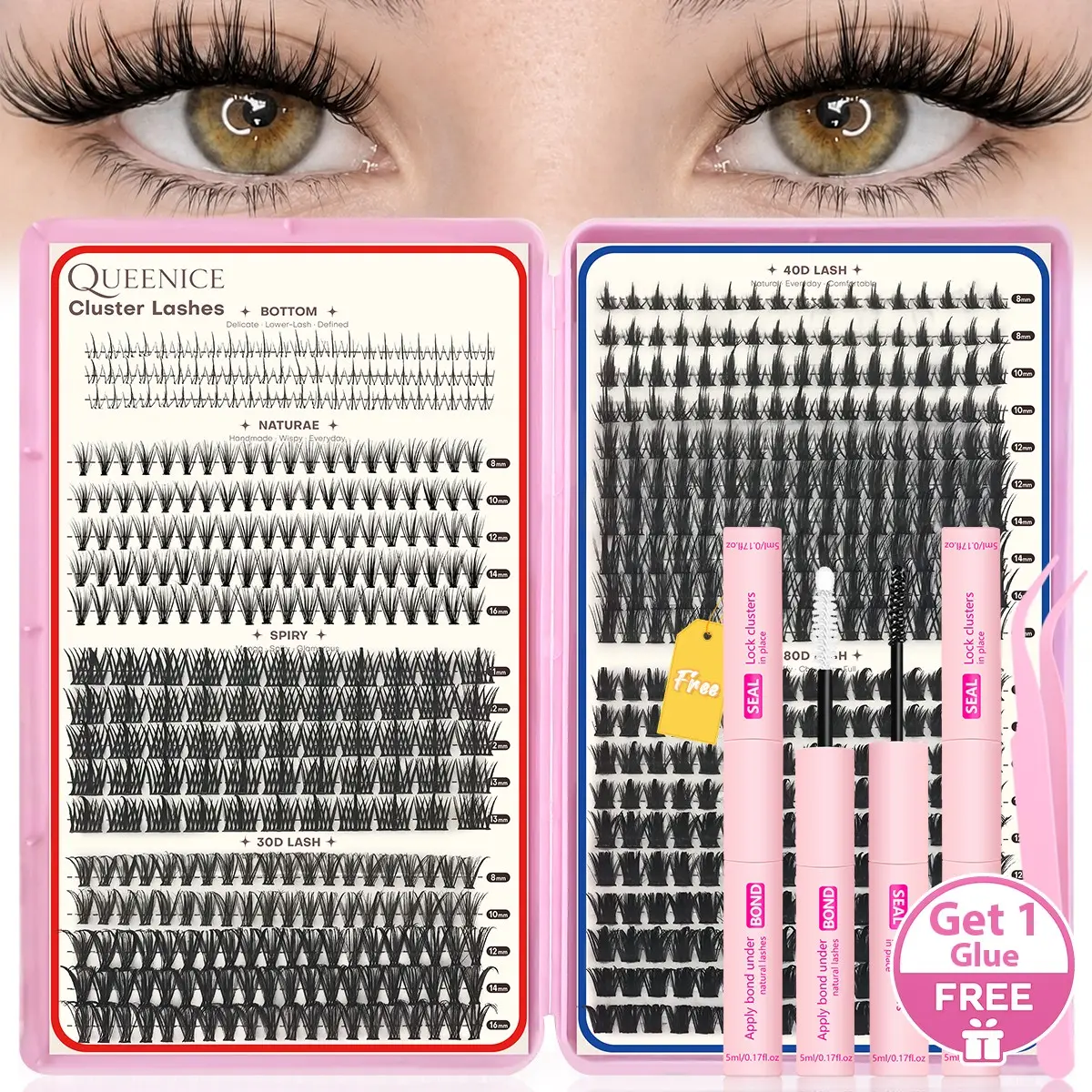 6 Styles Mixed DIY False Eyelash Extension Kit, Bottom Natural, Thick Spikes Lash Clusters with Bond and Seal, Tweezers Mixed Lengths Individual Cluster Lashes for Daily Use, Cat Eye Lashes, Reusable & Beginner Friendly, Beginner Friendly Eyelashes