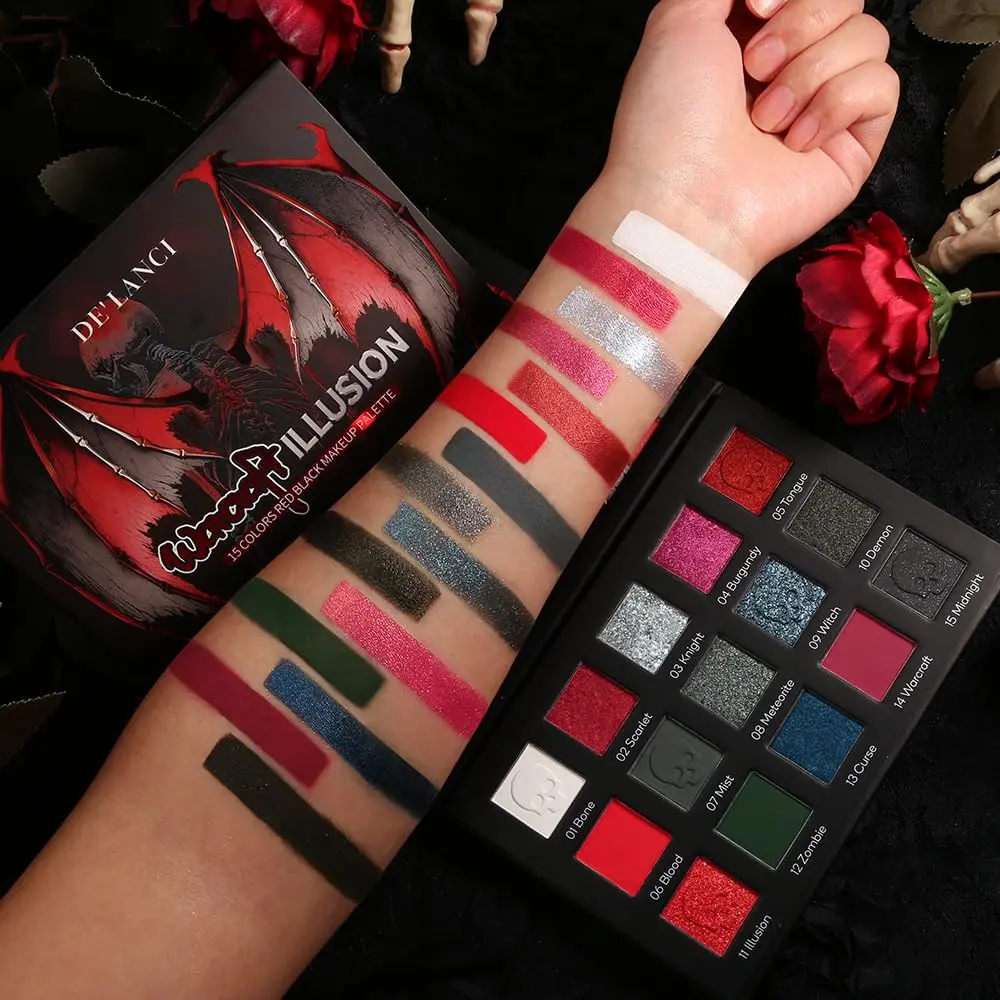 Red & black eyeshadow palette with black-silver glitter. Burgundy smoky and creamy matte shades. Perfect for gothic, clown, vampire looks on Halloween and Christmas