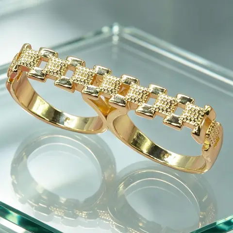 Fashion Hip-Hop Plated 14k Gold Geometric Chain Hollow Out Dual Finger Ring, Double Finger Ring, Vintage Unisex Daily Wear Jewelry Gift, Geometric Design Ring, Fashion Rings, Beautiful Rings
