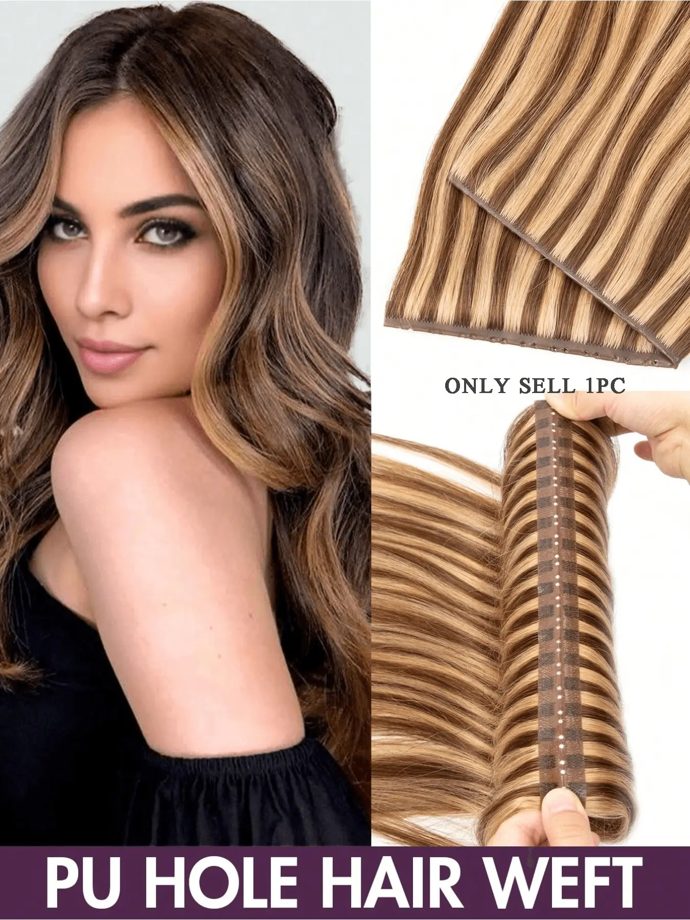 Honey Blonde Invisible Weft Hair Extensions, Real Human Hair Double-Sided Weaving Clip-, 12 to 24 Inches Available for Women