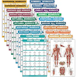 20 Pack - Exercise Poster Set, Dumbbell, Suspension, Battle Rope, Stretching, Bodyweight, Barbell, Yoga, Exercise Ball, Muscular, Kettlebell, Resistance Bands and More (LAMINATED, 18" x 24")
