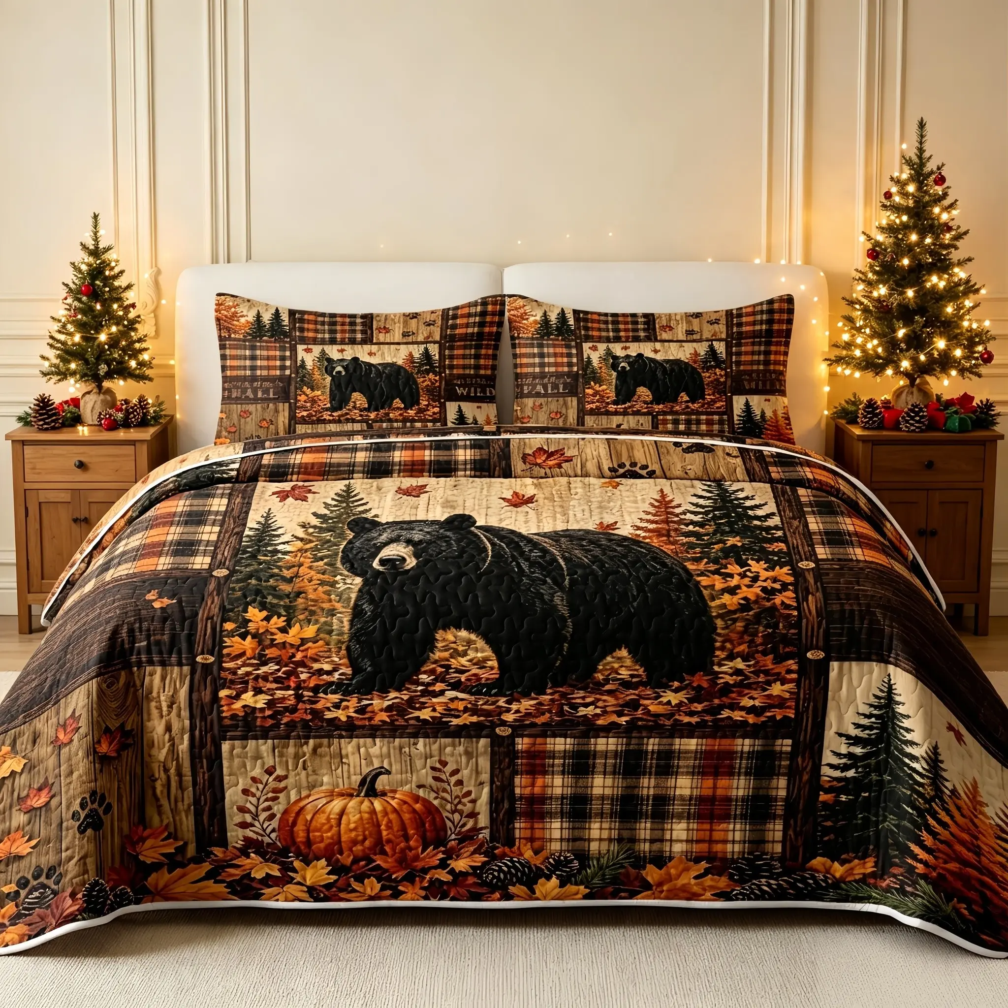 Forest Black Bear Checkered Patchwork Quilted Bedding 3-Piece Set, Soft, Machine-Washable, Reversible Quilted Comforter with 2 Pillowcases, Rustic Forest Black Bear Print, Lightweight All-Season Comforter, Bedroom Decor Set