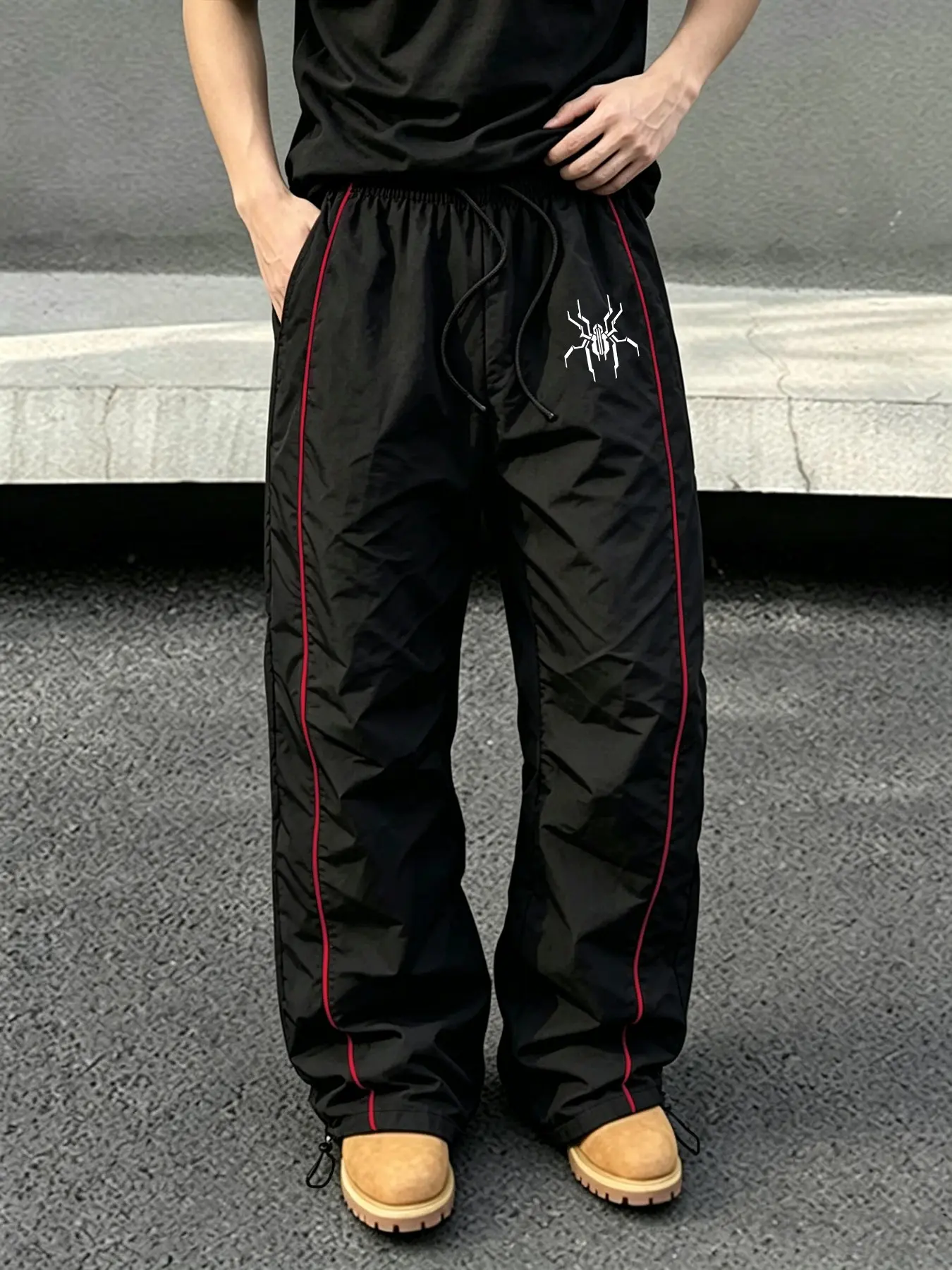 Vintage Streetwear Men Side Stripe Loose Track Pants Drawstring Elastic Waist Geometric Mechanical Spider Graphic Print Adjustable Hem Daily Casual Sport Trousers