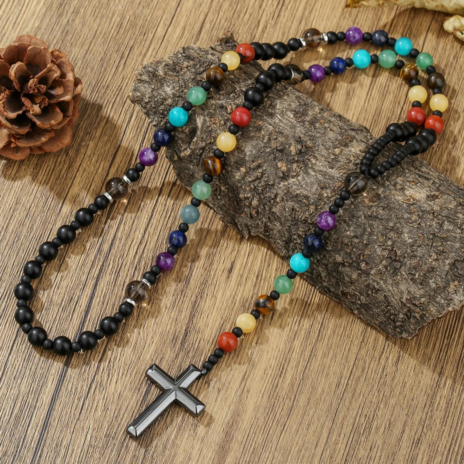 Men Fashion Natural Multicolor Stone Beaded Rosary Necklace, Boho Hematite Cross Pendant Neck Chain, Vintage Religious Charm Jewelry, Unisex Accessory For Daily Wear, Outdoor And Casual Outfit Matching