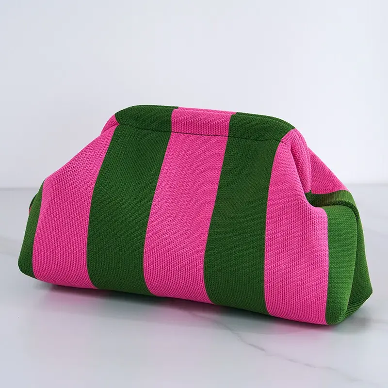 Women's Striped Knitted Female Clutch - Pink & Green Dumpling Shape Compact Pouch, Lightweight Carry Aesthetic Knit Cloud Shoulder Underarm Bag for Summer Beach Use & Casual Travel Makeup Storage