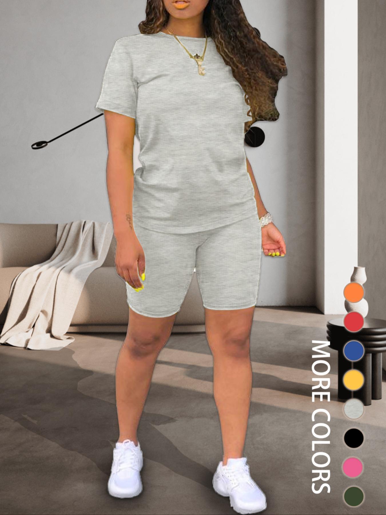 Two-piece Set Women's Fitted Plain Round Neck Tee & Skinny Shorts Set, Summer Clothes Women, Short Sleeve Crew Neck T-shirt & Shorts, Casual Summer Clothes for Outdoor, Cute Summer Outfit