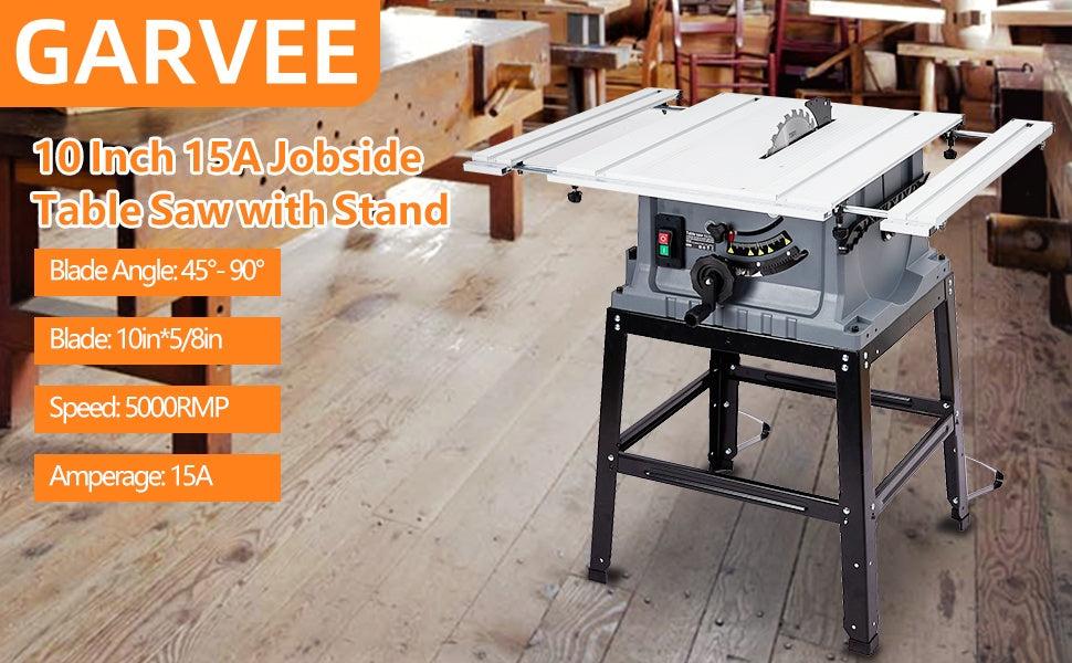 GARVEE 10 Inch 15A Table Saw with 5000RPM Power, Bevel Cutting Capability, and Included Stand for Versatile Woodworking Projects and Precise 90°/0-45° Cuts, Ideal for Professionals and DIY Enthusiasts.