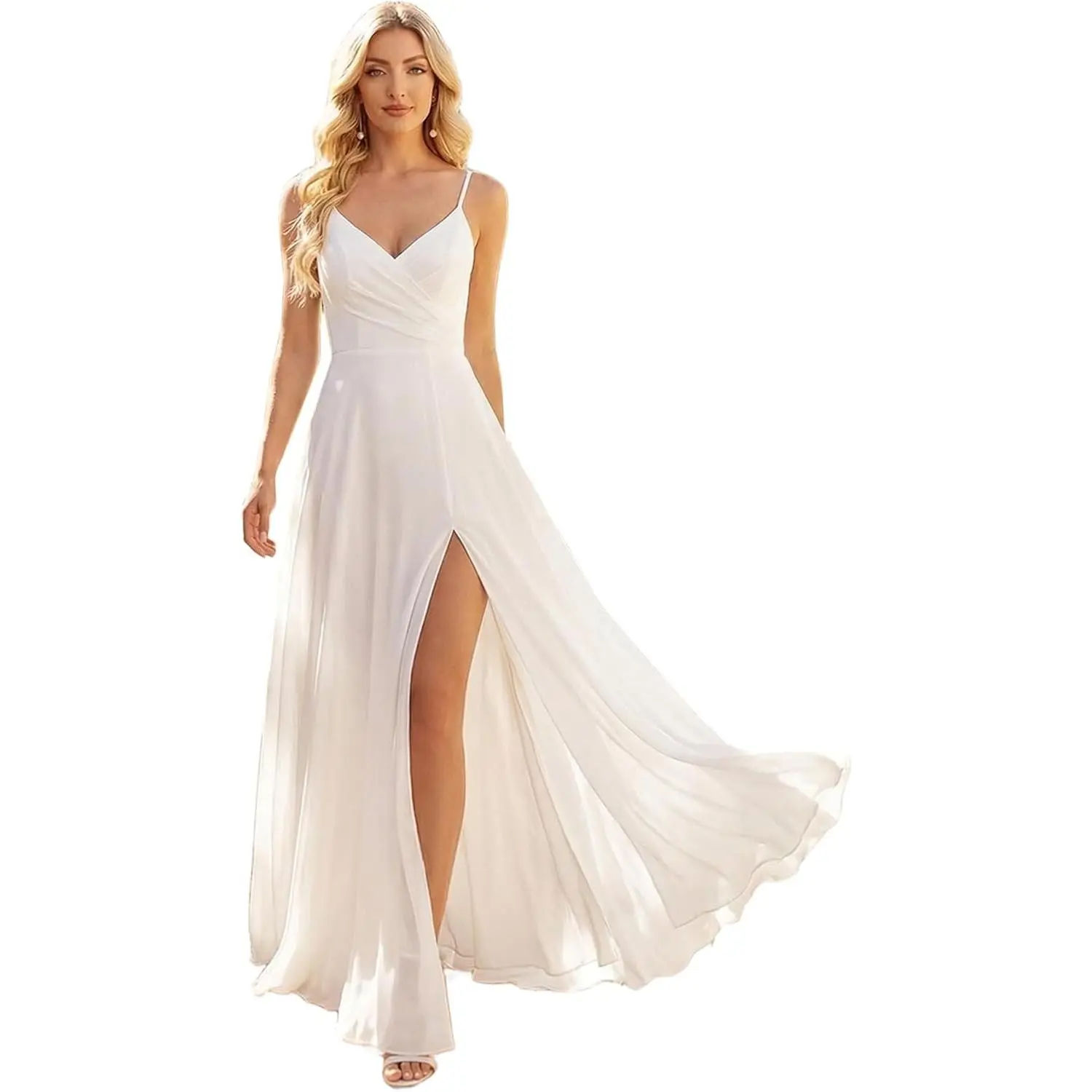 Ever-Pretty Women's Summer Backless Spaghetti Straps Bridesmaid Dresses Chiffon V-Neck Slit Long Formal Wedding Guest Dress