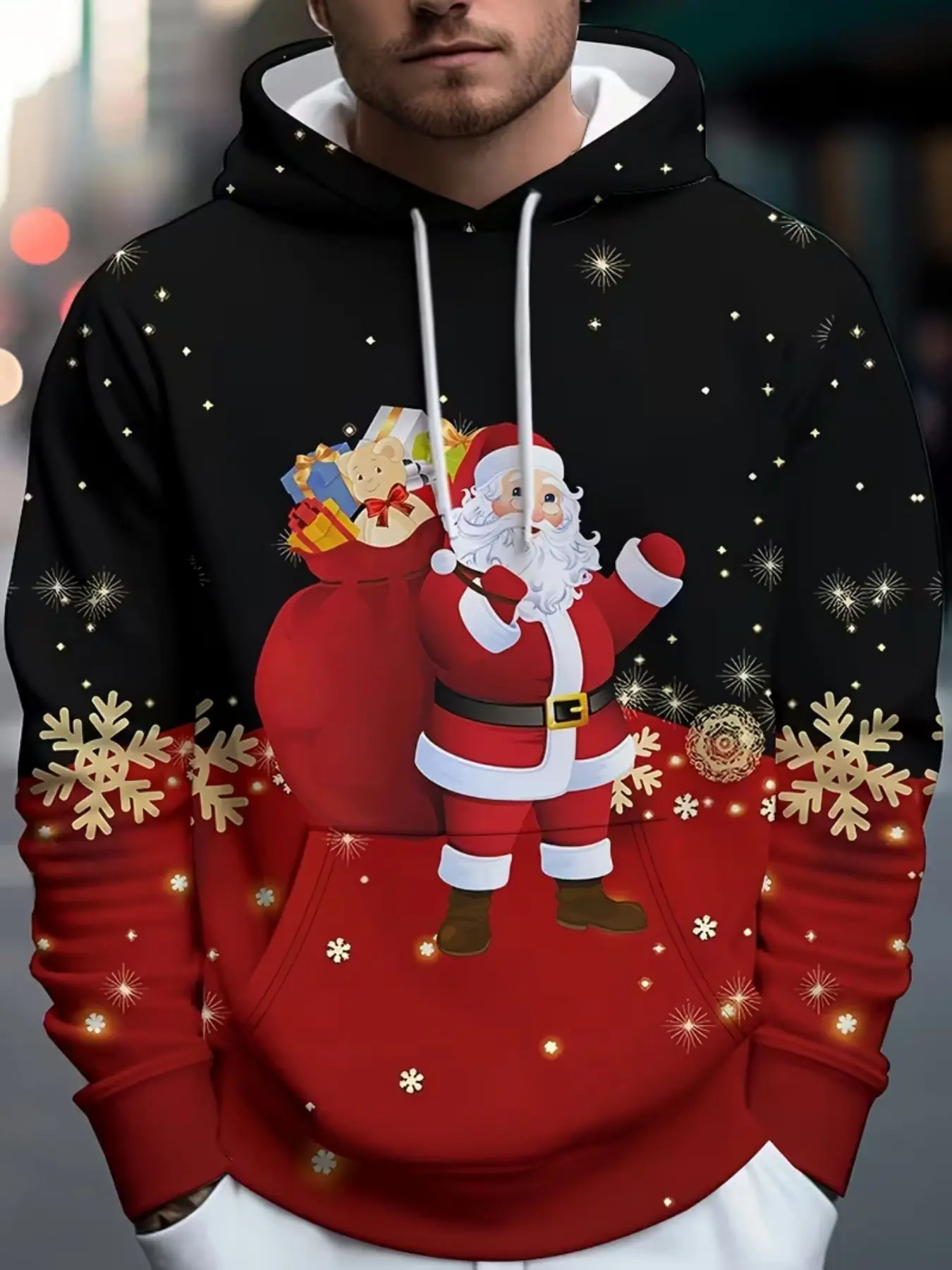 Santa Claus Pattern Hooded Sweatshirt, Men's Holiday Theme Print Jacket, Casual Long Sleeve Pullover, Fall & Winter Fashion