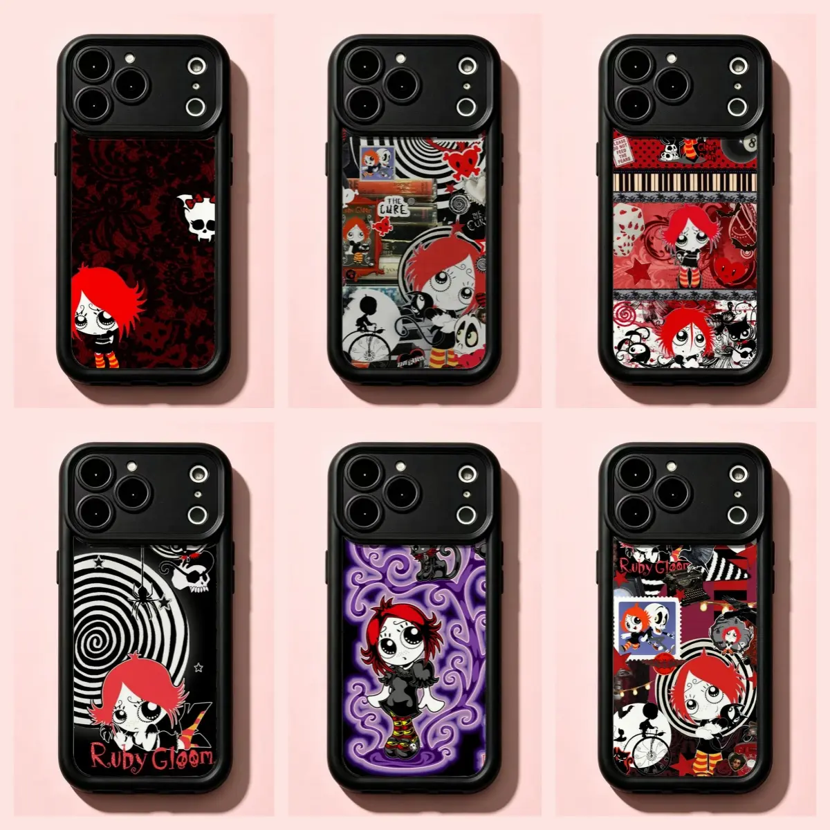Vintage Emo Goth Ruby Gloom Tough Phone Case, Red Hair Girl Spiral Skull Collage Art Gift For Alt Goth Fans,For iPhone 11 12 13 14 15 16 17 Pro Max For Samsung S26 S25 S24 S23 S22-Gift For Her/Him/Fans
