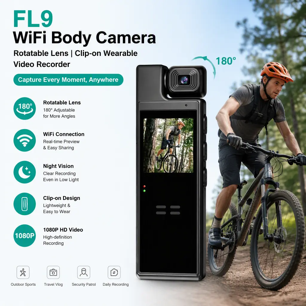 Mini FL9 WiFi Body Recorder Camera, Rotatable Lens with Display Screen, Night Vision Clip‑on Wearable Sports DV Camera