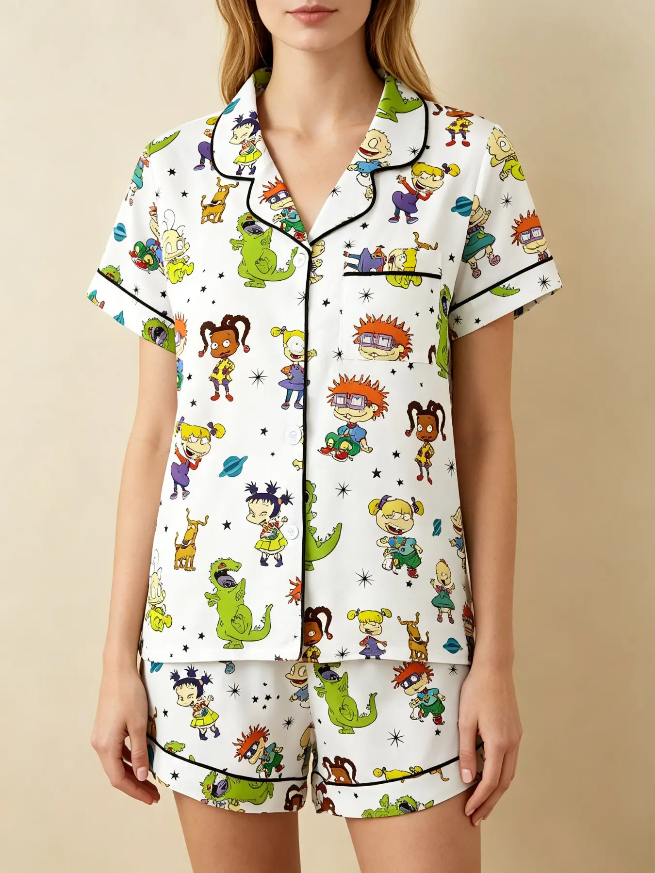 Adorable Cartoon Print Women's Pajama Set, Comfortable Two-Piece, Short Sleeve Button-Up Top and Elastic Shorts, Casual Home Wear, Party Gift