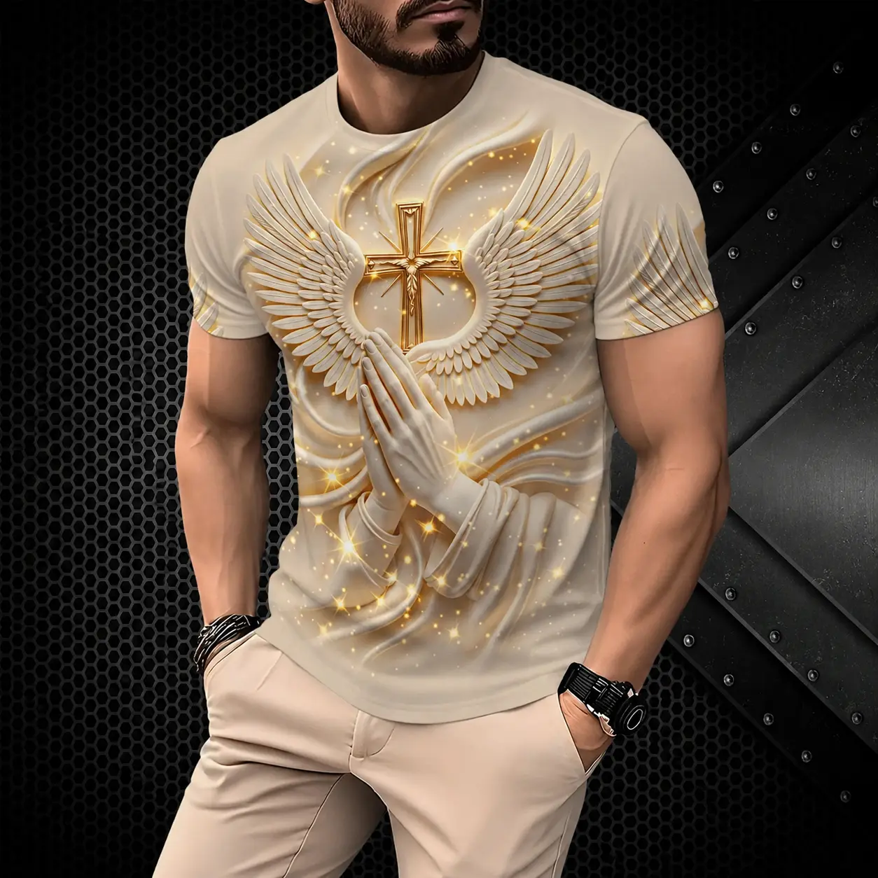 Men's Religious Prayer Angel Wings Cross 3D High Definition Graphic Print T-Shirt, Round Neck Short Sleeve Slim-Fit Summer Streetwear Tee