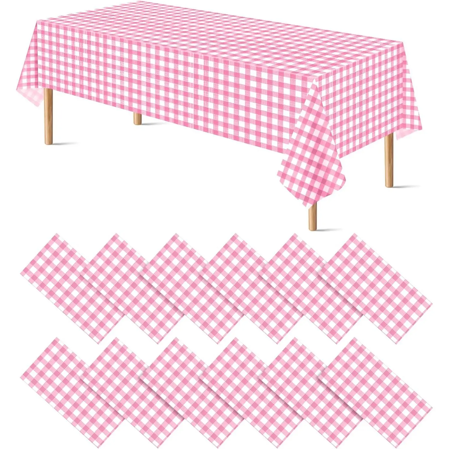 12-Piece Disposable Valentine's Day Red and White Checkered Gingham Tablecloth Set, 54x108 in Rectangle Plastic Table Covers for Date Nights, Parties, Weddings
