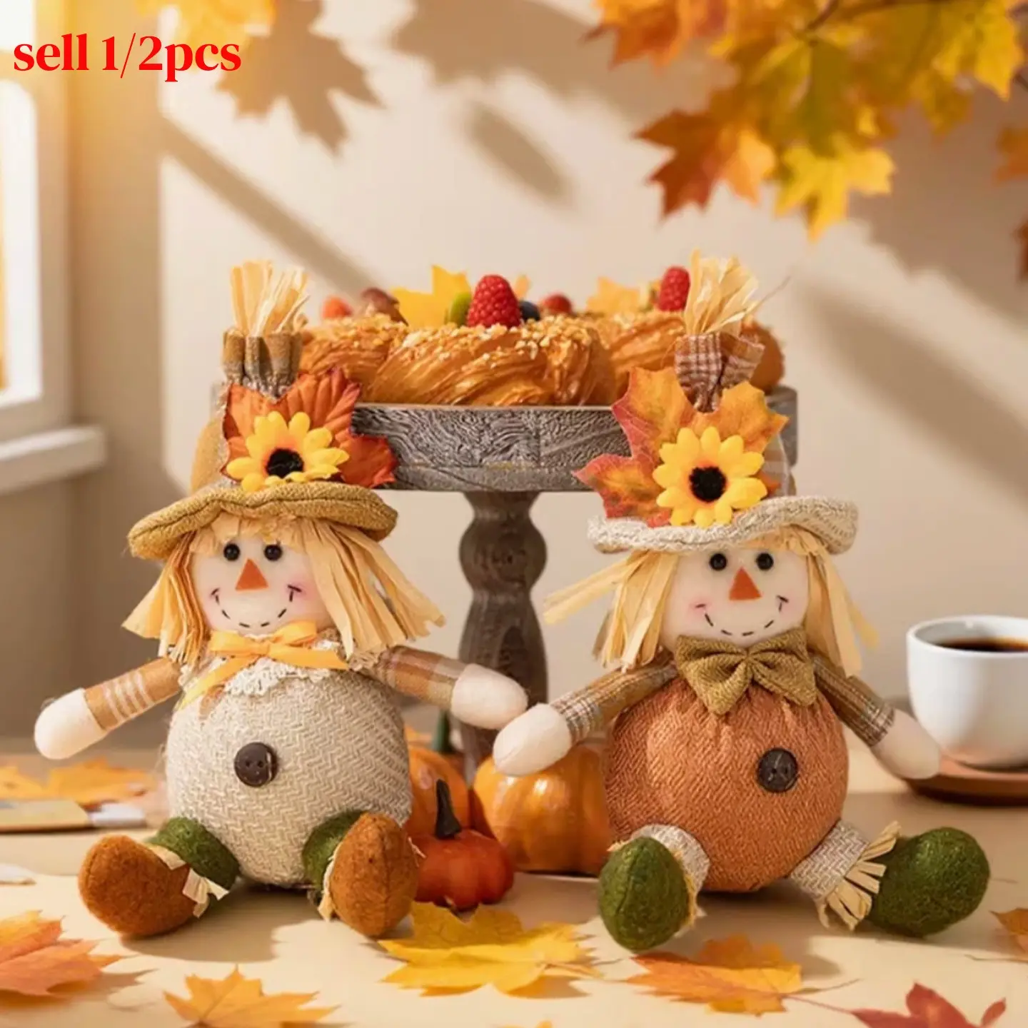 1/2pcs Thanksgiving Scarecrow Sunflower Hanging Decoration Doll, Smiling Scarecrow Sitting Decoration, Harvest Festival Party Theme Decoration, Window Display, Thanksgiving Statue Decoration,Seasonal Home Decor, Thanksgiving Decor/gift