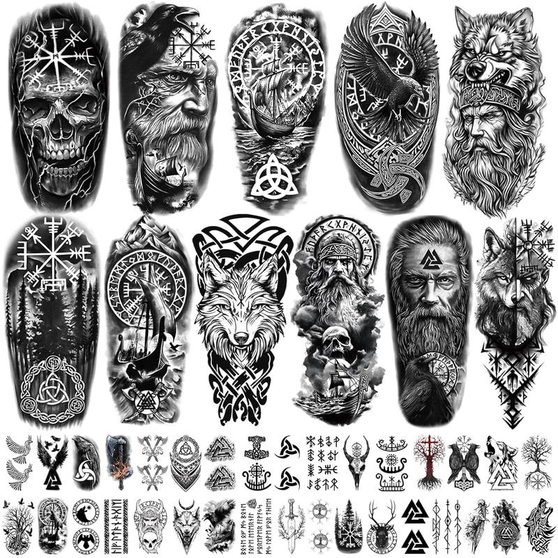 77 Sheets Viking Temporary Tattoos Adult Kids, Viking Pirate Tribal Totem Fake Tattoos Stickers, Nordic Norse Celtic Half Arm Sleeve Tattoos Body Art for Women Men