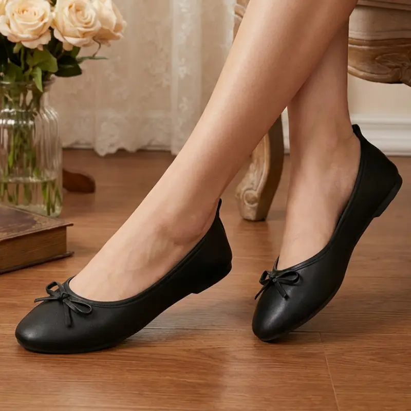Women's Black Ballet Flats with Bow Accents, Elegant Pointed Toe Slip-On Shoes, Comfortable for Office and Casual Wear, Black Bow Accents Ballet Flats, Stylish, Footwear, Ballet Shoes