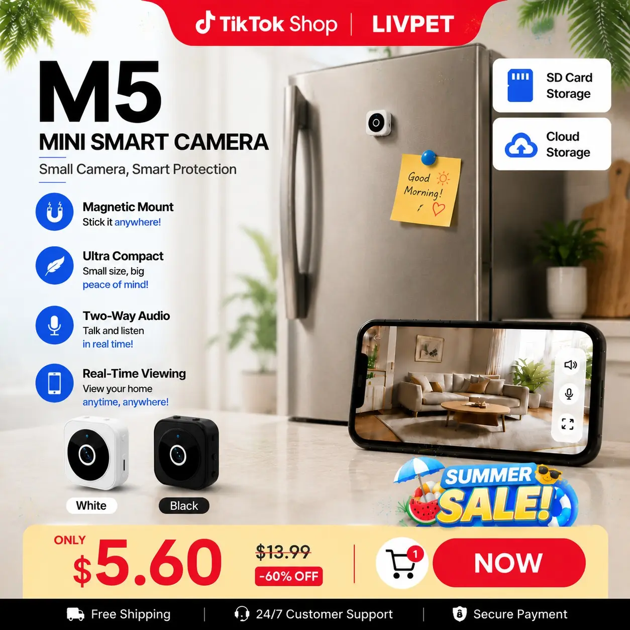 Livpet M5 Mini Magnetic Wireless Security Camera, Remote Viewing Via APP, Motion Alerts, Cloud & SD Card Storage, USB Charging, Home Use