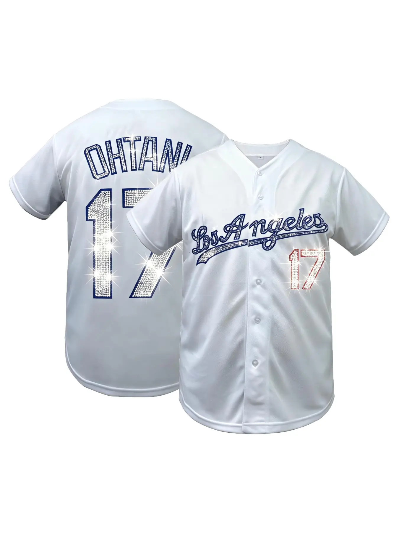 Men's Los Angeles City Baseball Jersey, Number 17 Rhinestone Bling Button Down Short Sleeve Shirt, Sparkle Athletic Top for Baseball Fans, Party & Street Fashion