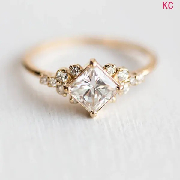 14K Gold Plated Ring Inlaid Square Zircon, Elegant Finger Ring For European American Engagement Occasions