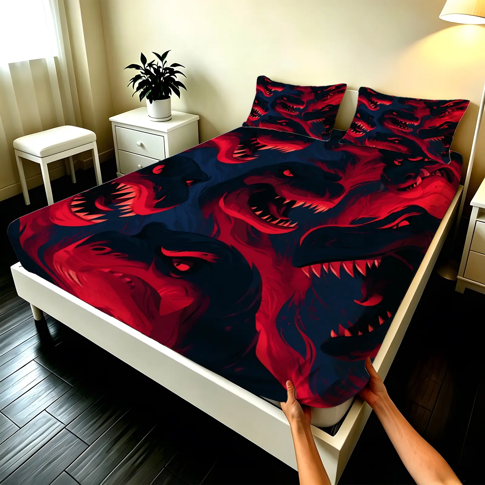 3pcs Fitted sheet Red Sharp Tooth Demon Wolf Pattern Soft Microfiber Bedding Set, Wrinkle Resistant Fade Proof Breathable Comfortable Fitted Sheet Set for Bedroom Hotel Home, Fit Twin Full Queen King Cal King Size Bed Sheets