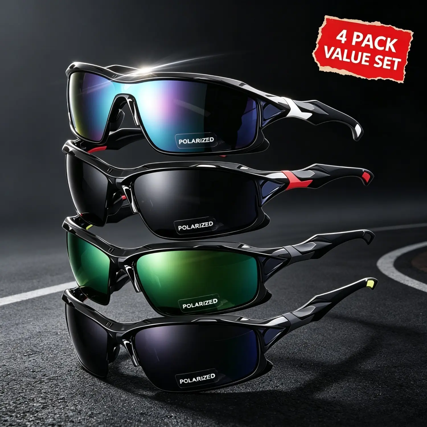 Men's 4-Pack Fashion Sports Sunglasses - TPU Frame, Polarized Anti-Glare UV Protection Windproof Shields, Outdoor Gear for Driving, Trendy Active Wear Accessory & Gift