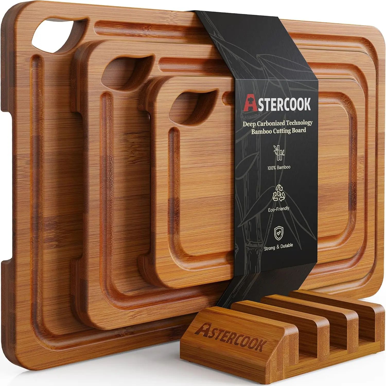 Deep-Carbonized Bamboo Chopping Board with Wood Stand, Reversible Kitchen Cutting Board Set, Rectangle Design, Juice Grooves, Easy-Grip Handles, Ideal Gifting Option for Fathers Day Men