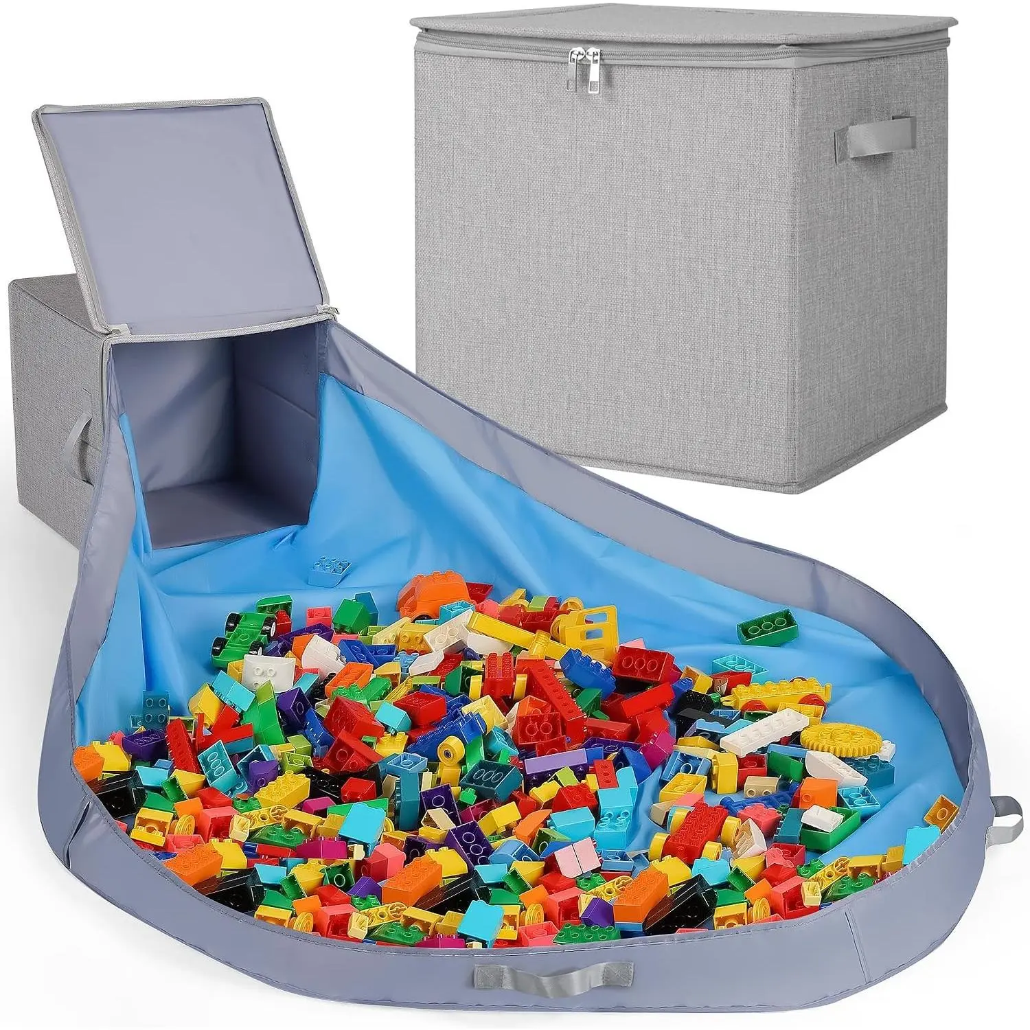 13" x 13" x 13" Stackable & Collapsible Toy Storage Organizer with Play Mat – Cubby Box Bins for Kids Playroom & Nursery, Boys and Girls (Warm Grayish Beige)(Gift)